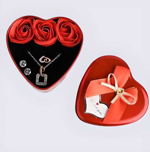 Floweraura Sparkling Love Jewelry & Artificial Flower in Heart-Shaped Red Box – Valentine’s Gift