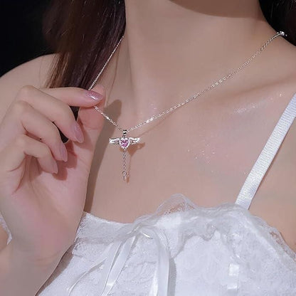 Silver Plated Heart Angel Wings Pendant Necklace for Women – Elegant & Romantic Jewelry